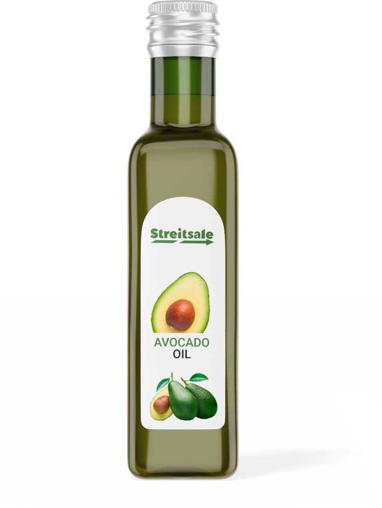 Refined avocado oil in a 250 ml glass bottle